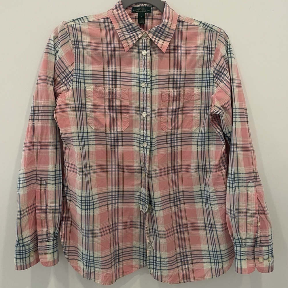Lauren Ralph Lauren Women Shirt Size Small Pink Blue Button Down Rollup Sleeves